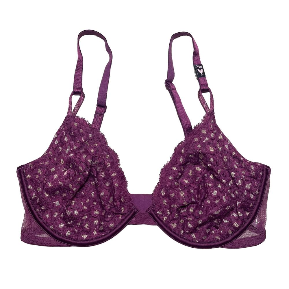 Victoria's Secret Unlined Demi Bra Very Berry Leopard Lace Gold Shine Size 34D